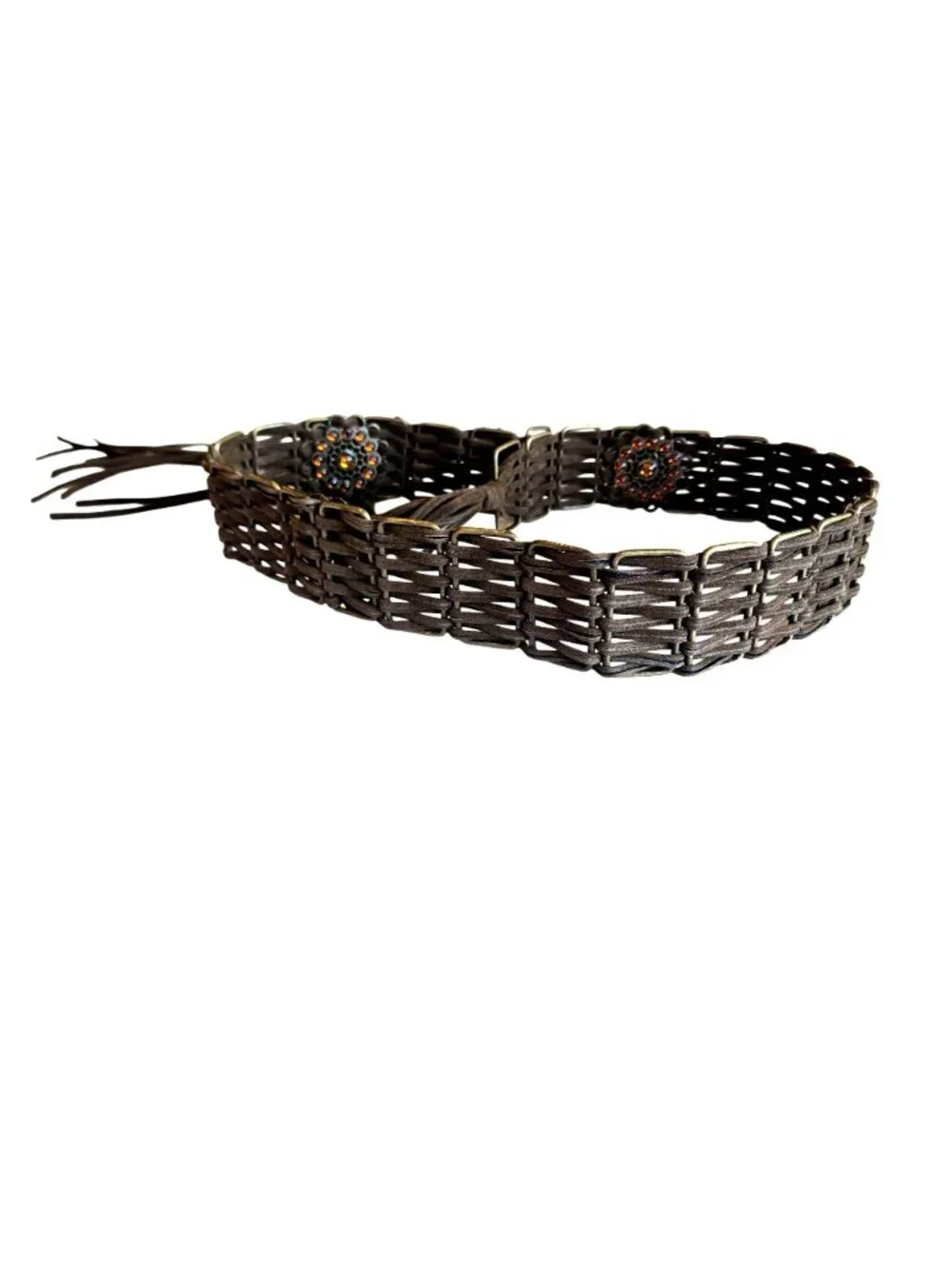 Chocolate Brown Braided Woven Faux Leather Ornate Concho Rhinestone Fringe Belt